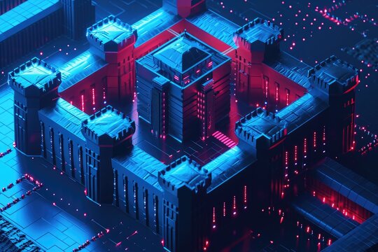 An overhead photo capturing the vibrant red and blue lights illuminating a building from above, NAS storage visualized as a secure fort, AI Generated