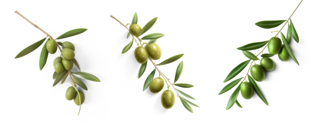 Fotobehang fresh olive twig with several green olives on it, typical for mediterranean countries like Italy or Greece, isolated, flat lay © MDNANNU