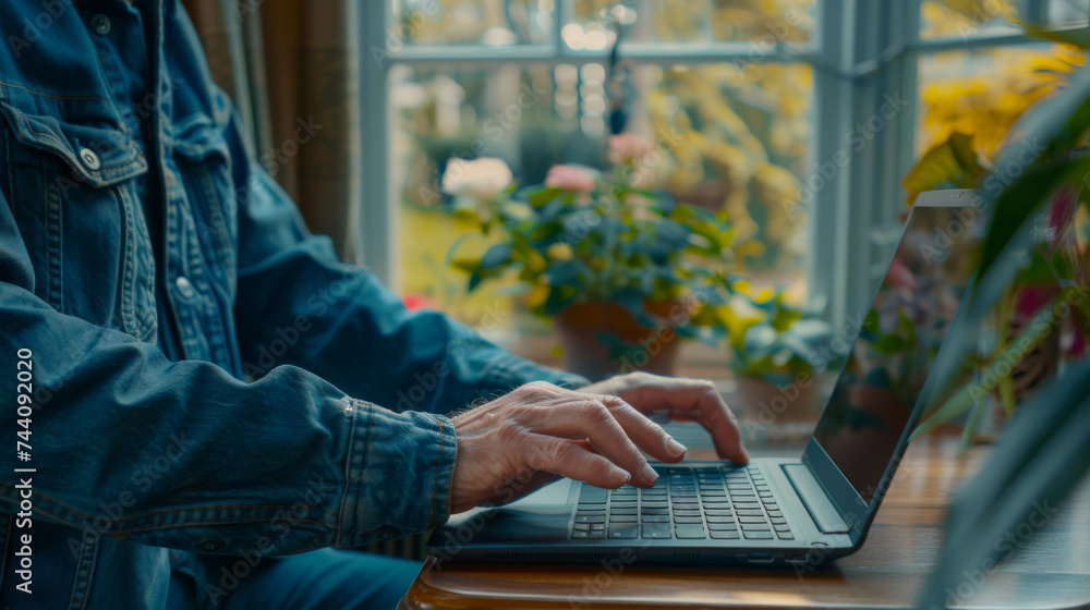 Poster hands typing on a laptop with a futuristic cybersecurity interface overlay.