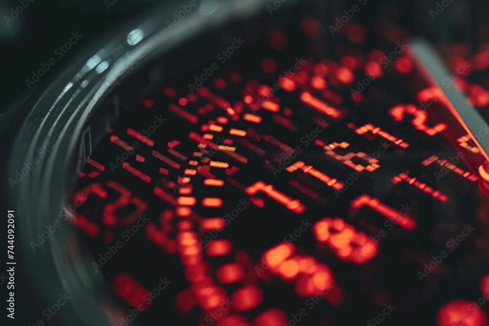 Poster This close-up photograph captures the distinct red numbers on a clock, Numeric binary representation of a digital clock, AI Generated