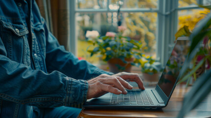 Hands typing on a laptop with a futuristic cybersecurity interface overlay.