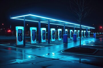 Several parking meters lined up in a tidy row on a city street, ready for public use, Nighttime view of an LED lit electric vehicle charging station, AI Generated