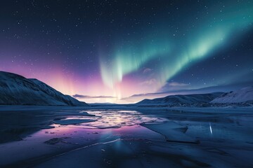 The aurora lights shine brightly in vibrant hues over a frozen lake, creating a stunning display of natural beauty, Northern Lights dancing over an icy landscape, AI Generated