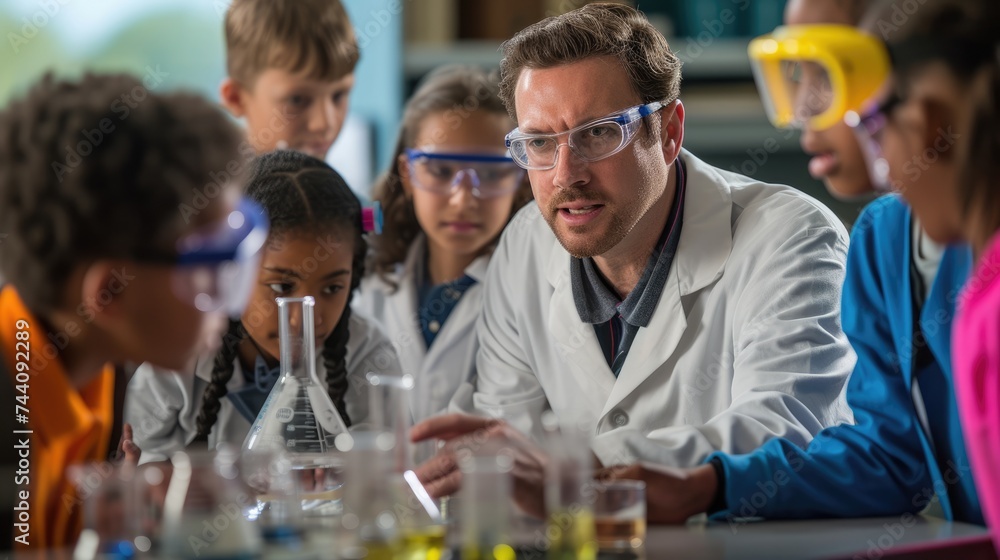 Poster a fun event is taking place in a lab where a group of children are conducting a science experiment, 