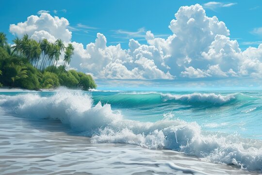 This photograph captures the powerful crashing waves on a beach, depicted in a vibrant painting, Ocean waves against a tropical island backdrop, AI Generated