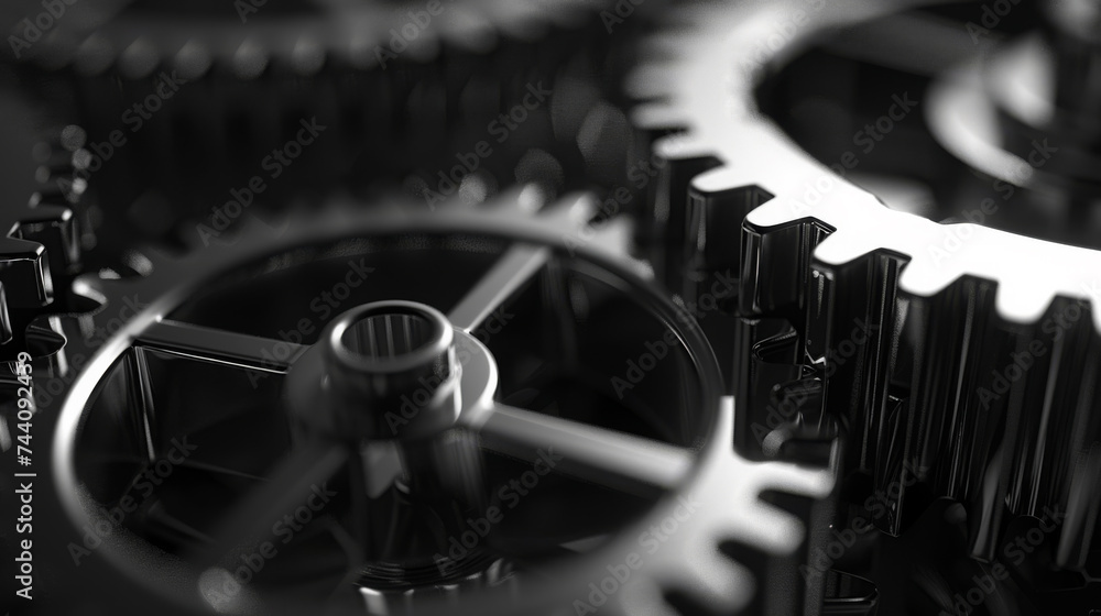 Poster close-up of interlocking gears or cogs, highlighting the intricate details and textures of the metal
