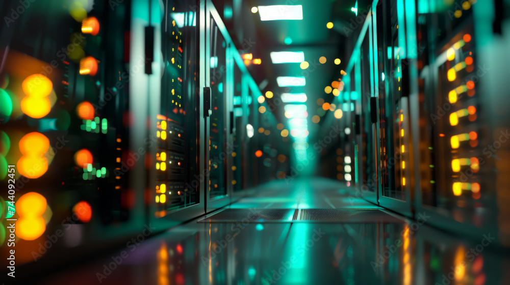 Poster blurred view of a data center with rows of server racks illuminated by blue and yellow led lights.