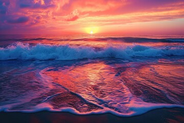 A stunning image capturing the sun setting over the ocean waves, creating a beautiful play of colors and light, Ocean waves reflecting the vivid sunset hues, AI Generated