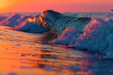 A forceful wave in the ocean crashing against the rocky shore, Ocean waves reflecting the vivid sunset hues, AI Generated