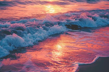 The golden sun sets on the horizon, casting a warm glow over the calm ocean waves, Ocean waves reflecting the vivid sunset hues, AI Generated