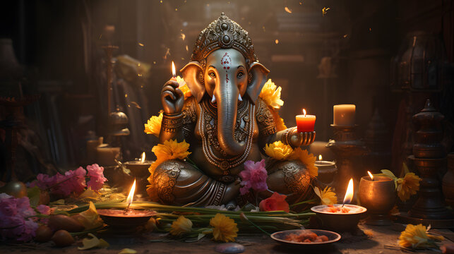  candles and flowers adorn the ganesha deity