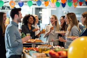 A diverse group of individuals standing around a table, enjoying a meal together with various appetizing dishes, Office colleagues throwing a surprise farewell party for a friend, AI Generated