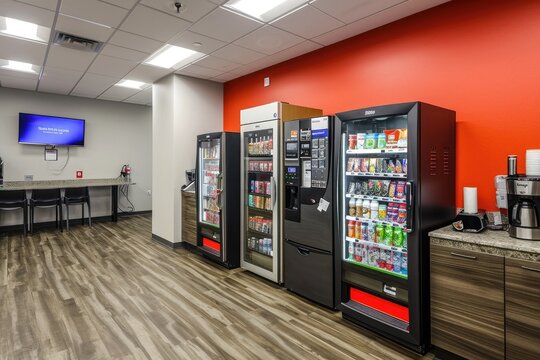 A vending machine stands in the middle of an otherwise empty room, surrounded by blank walls, Office breakroom with vending machines and coffee station, AI Generated