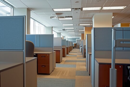 A photo depicting a lengthy arrangement of identical cubicles in an office setting, Office cubicle with personalized decor, AI Generated