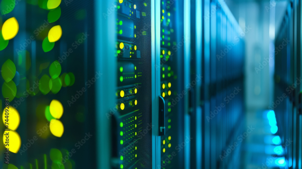 Poster blurred view of a data center with rows of server racks illuminated by blue and yellow led lights.