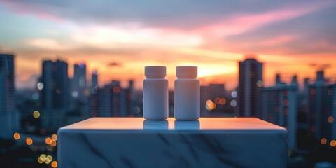 White Supplement Pill Bottles Against a City Skyline