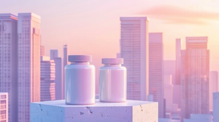 White Supplement Pill Bottles Against a City Skyline