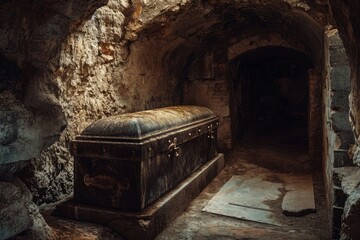 A photo of a massive trunk placed inside a stone tunnel, creating a striking contrast of nature and man-made structure, Old crypt in a forgotten cemetery with a vampire's coffin, AI Generated