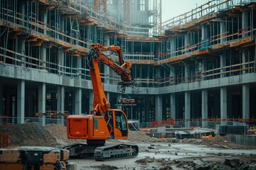 A construction site with a crane positioned in the center, overseeing various building activities and infrastructure work, An open construction site fully operated by robots and drones, AI Generated