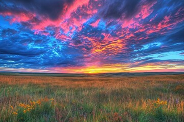 Fototapeta premium A picture of a field with grass and flowers showcasing the natural beauty of the landscape, An open prairie under a colorful sunset, AI Generated