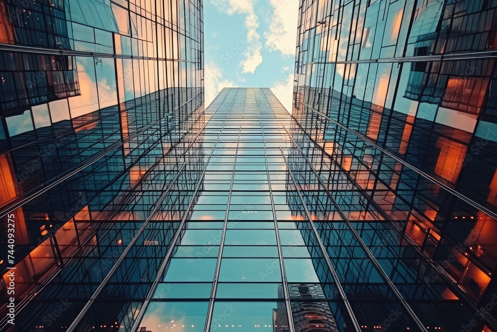 Poster a towering structure with numerous windows, showcasing the impressive architecture and scale of the 