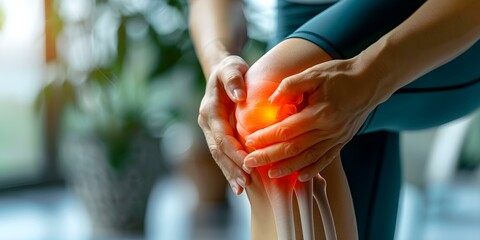 Woman in athletic attire grimaces while holding inflamed knee joint highlighted. Concept Physical Therapy, Knee Injury, Sports Medicine, Pain Management, Exercise Rehabilitation - obrazy, fototapety, plakaty