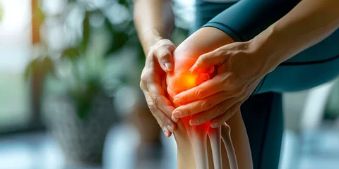 Deurstickers Woman in athletic attire grimaces while holding inflamed knee joint highlighted. Concept Physical Therapy, Knee Injury, Sports Medicine, Pain Management, Exercise Rehabilitation © Ян Заболотний
