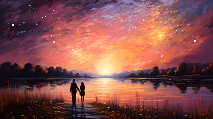 Fototapeta premium silhouetted young couple watching sunset in the field