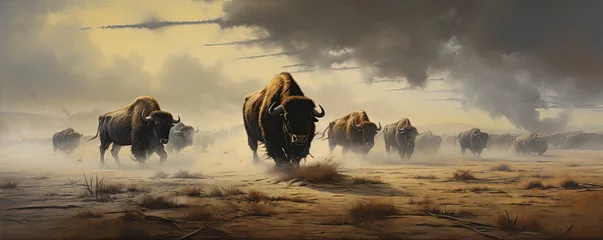 Cercles muraux Buffle Horde of angry buffalos running to camera. cloud of dust everywhere.