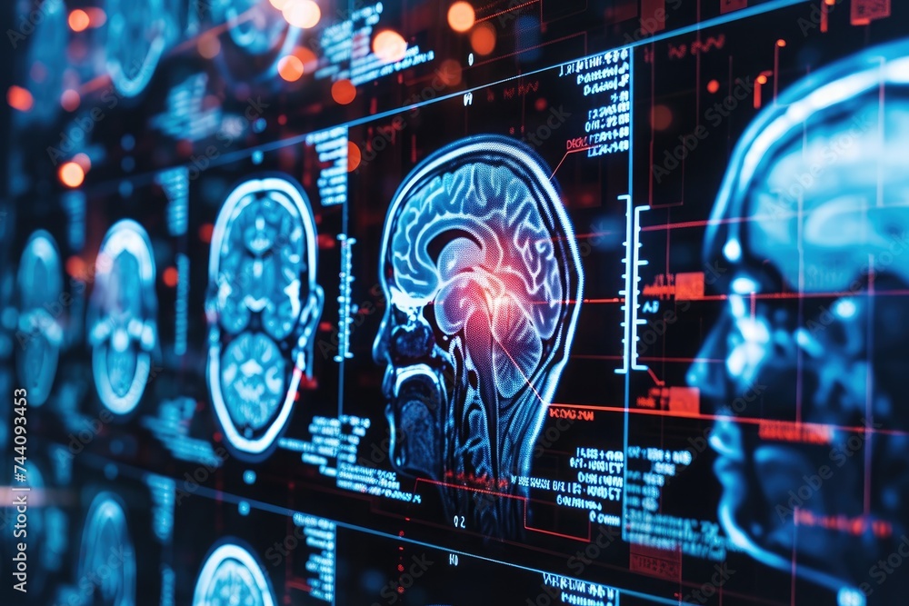 Poster a computer screen presents a detailed visual representation of a brain scan, artificial intelligence