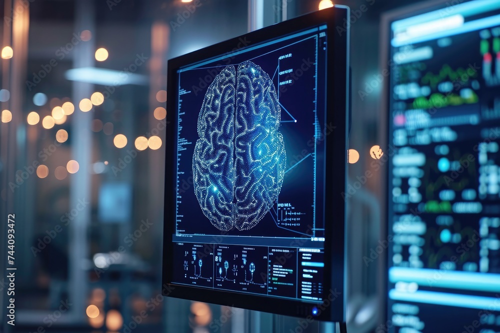 Poster a computer screen showing a detailed illustration of a brain, representing the intersection of techn