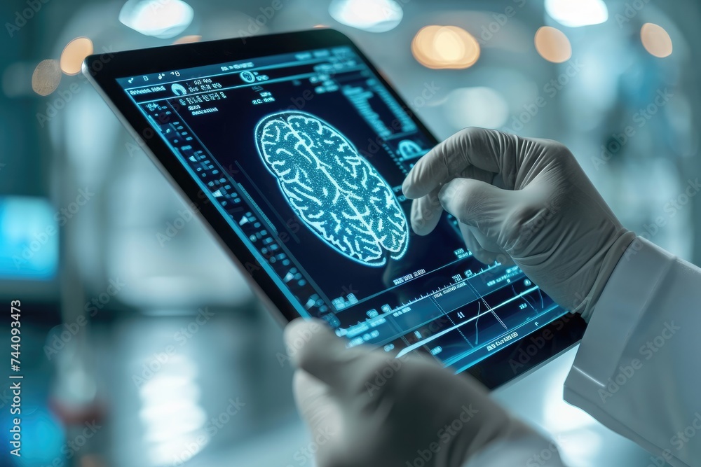 Poster a person holds a tablet displaying a brain scan, analyzing neural activity, artificial intelligence 
