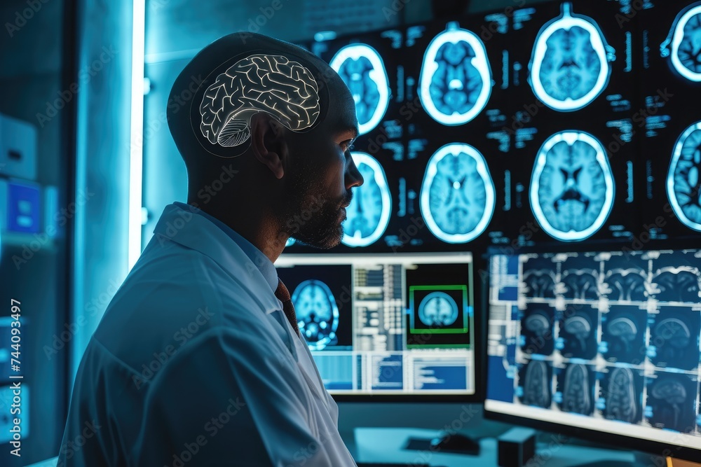 Poster a man focuses intently on a computer screen displaying a detailed brain scan, artificial intelligenc