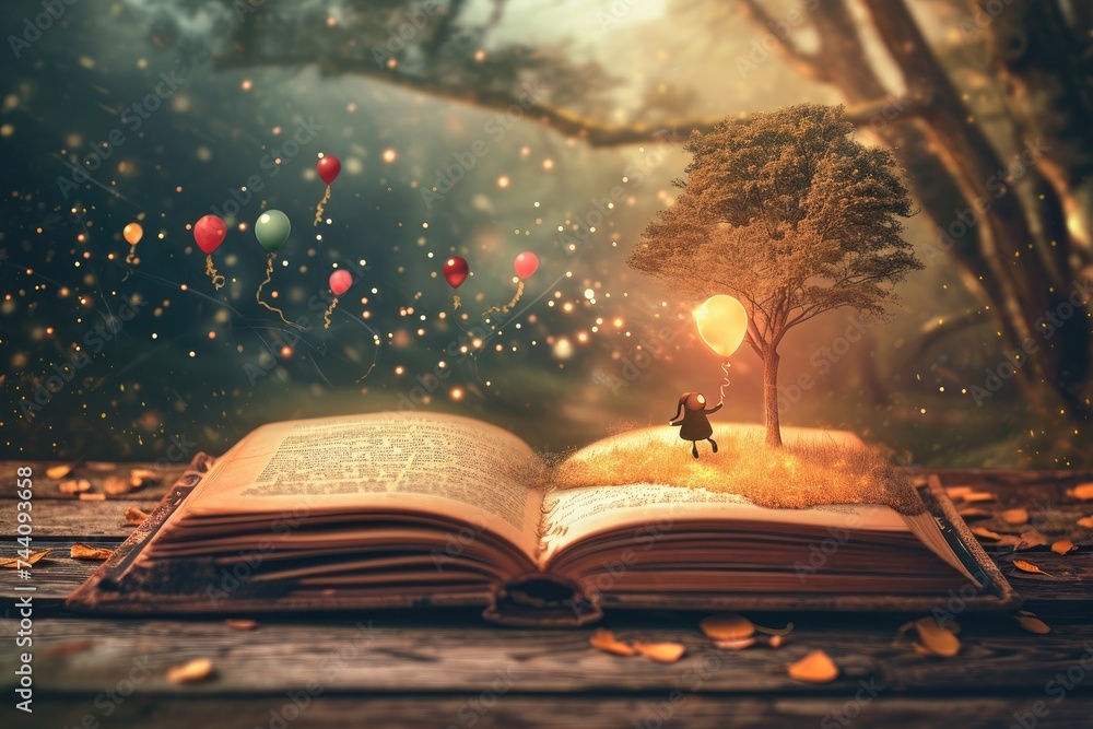Poster an open book placed on top of a sturdy wooden table, creating a simple yet elegant composition, open