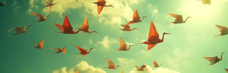 orange beautiful origami cranes migrating far in the blue sky