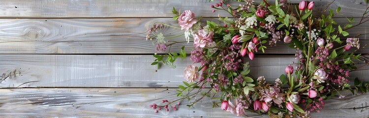 beautiful wreath of pink flowers as a decoration on an old wooden wall