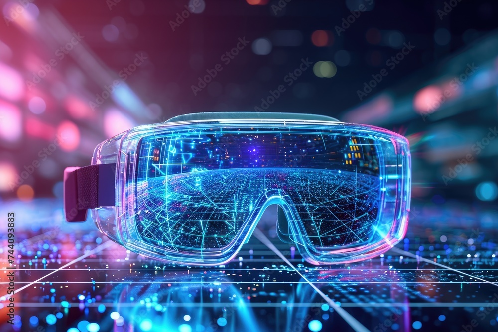 Poster a pair of glasses with a futuristic interface projected onto the lenses, creating a technologically 