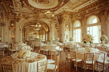 Fototapeta na wymiar A large banquet hall featuring numerous tables, chairs, and elegant chandeliers, Opulent and ornate ballroom decorated in gold and cream hues for a royal-inspired wedding, AI Generated