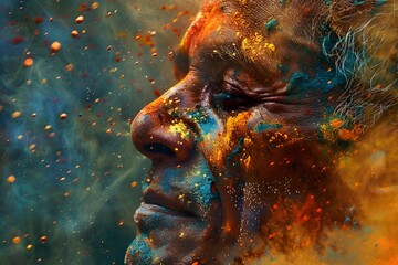 Immersed in Festive Joy: Vibrant Man Celebrating Holi With Colorful Powder. Concept Festive Celebrations, Vibrant Colors, Cultural Traditions, Joyful Moments, Cultural Festivals