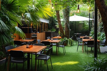 This photo showcases an outdoor dining area featuring tables, chairs, and umbrellas, Outdoor office with tables and chairs set up in a garden, AI Generated