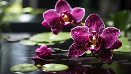 bright tropical purple and pink orchid flowers, pink orchid in water on the beach