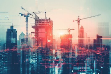 A photo featuring a city skyline with towering cranes and various buildings in the background, Overlay of a future cityscape construction project with relevant engineering plans, AI Generated - obrazy, fototapety, plakaty