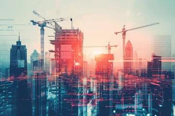 Fotobehang A photo featuring a city skyline with towering cranes and various buildings in the background, Overlay of a future cityscape construction project with relevant engineering plans, AI Generated © Iftikhar alam