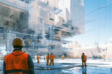 A diverse group of individuals wearing orange vests stand together in front of a building, Overlay of engineers at work and the future building in progress, AI Generated