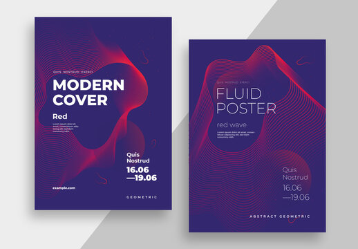 Blue Abstract Poster Layout with Red Wavy Lines