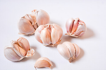 Garlic bulb isolated. Garlic on white background. Purple garlic bulb collection. Set with clipping path.