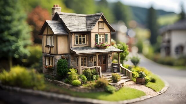 a cozy small house, the smallest house ever, tilt-shift, old-fashioned picture without blare