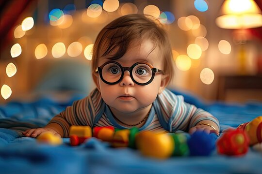 a child wearing big glasses and playing with colorful tongues.