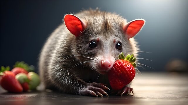 a small mouse eating strawberry, the Virginia opossum, A happy possum in a studio portrait by didelphis virginian exotic wild animal