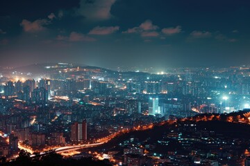 A stunning night view showcasing the illuminated city skyline as seen from a hill, Panoramic view of a cityscape bursting with lights after dark, AI Generated